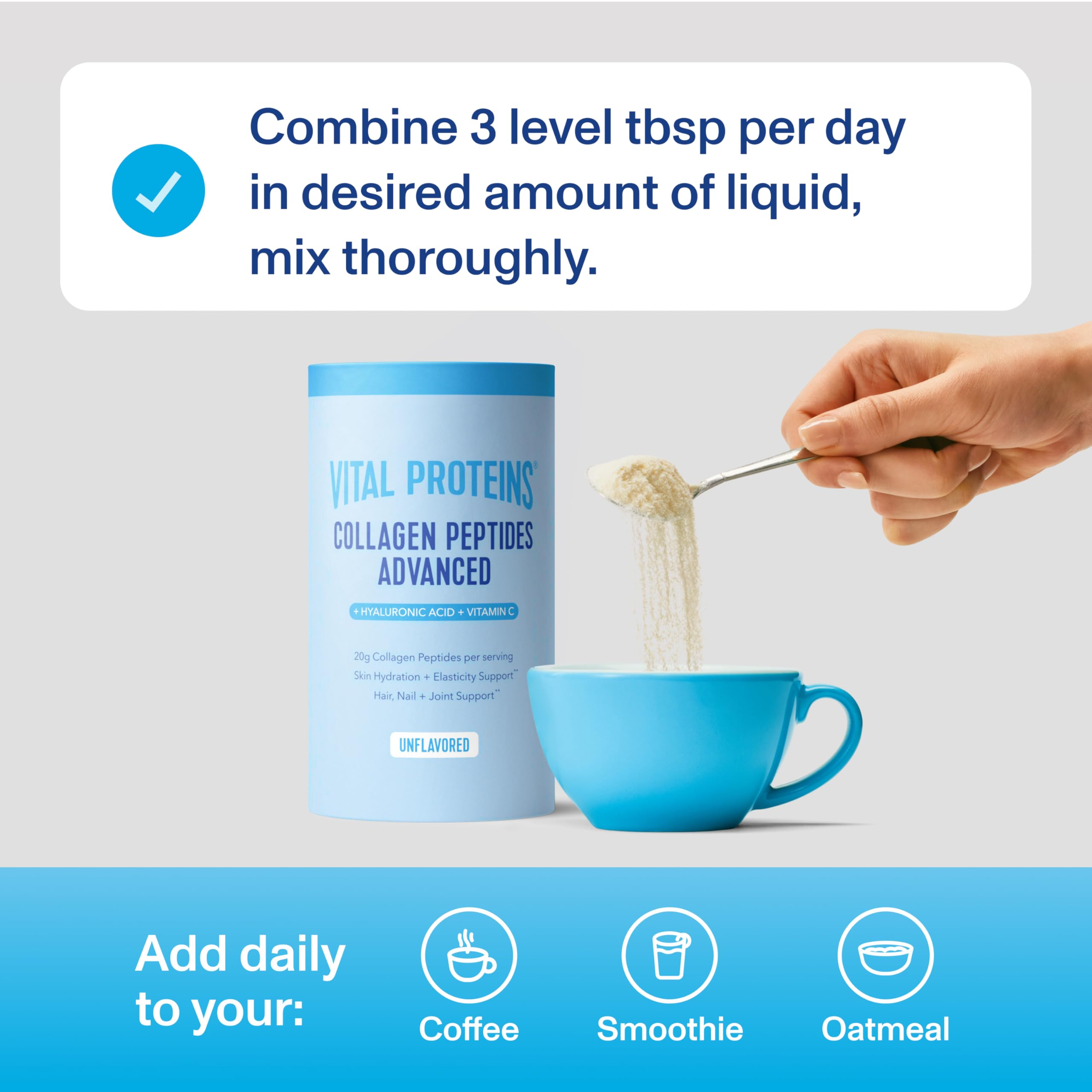 Vital Proteins unflavored powder shown in mug, versatile for coffee, tea, or smoothies.