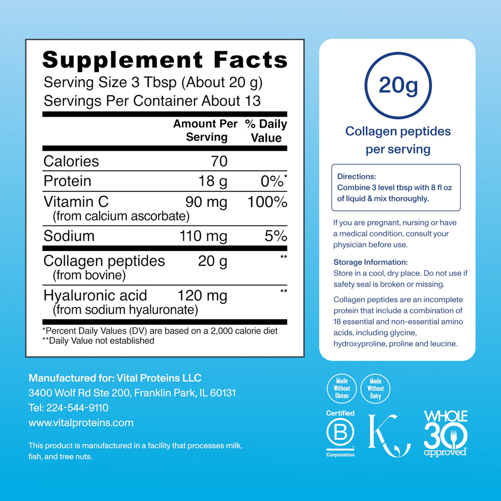 Vital Proteins collagen peptides powder in tea; supports simple hydration.