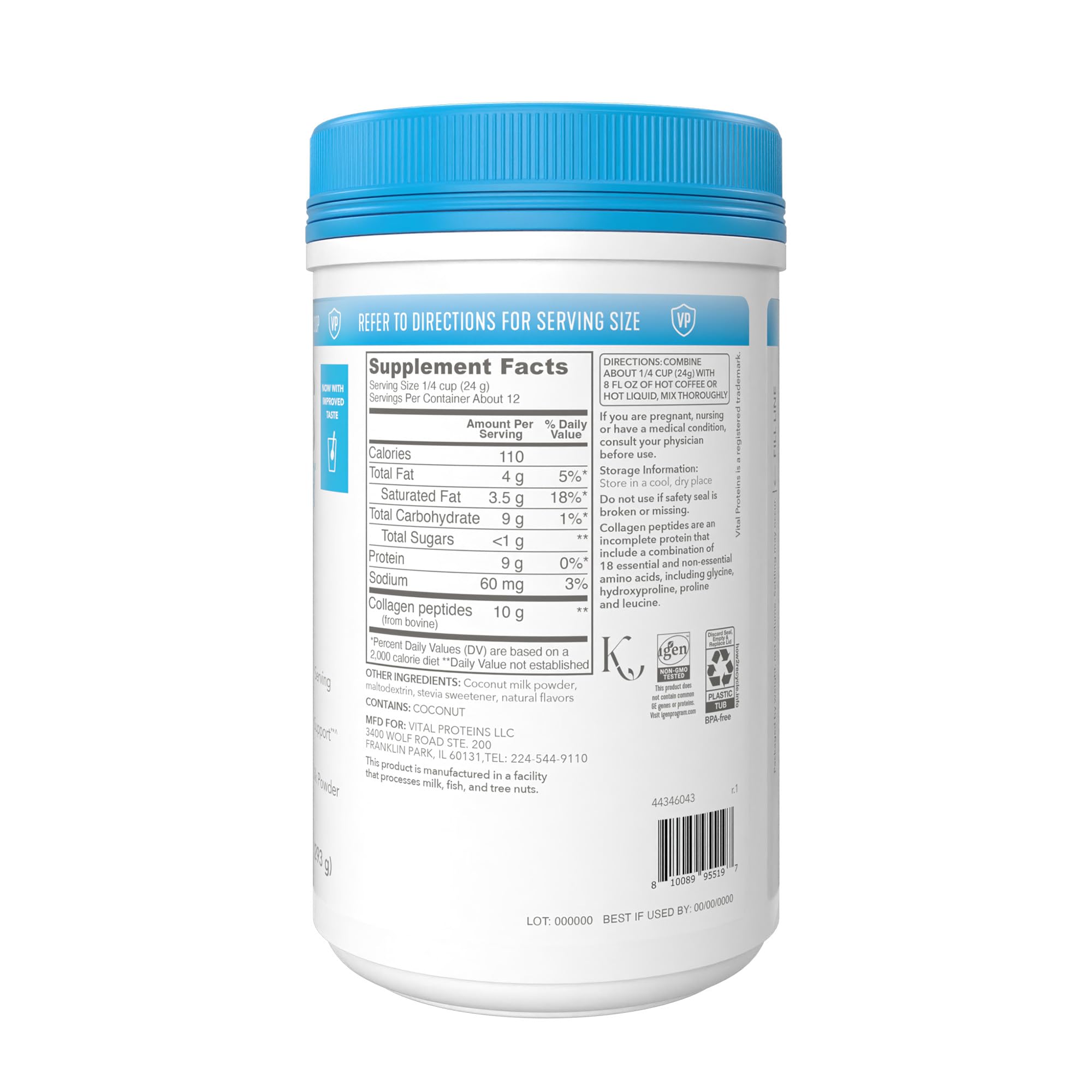 Kitchen scene with collagen powder bottle and mug emphasizing dairy free ingredients
