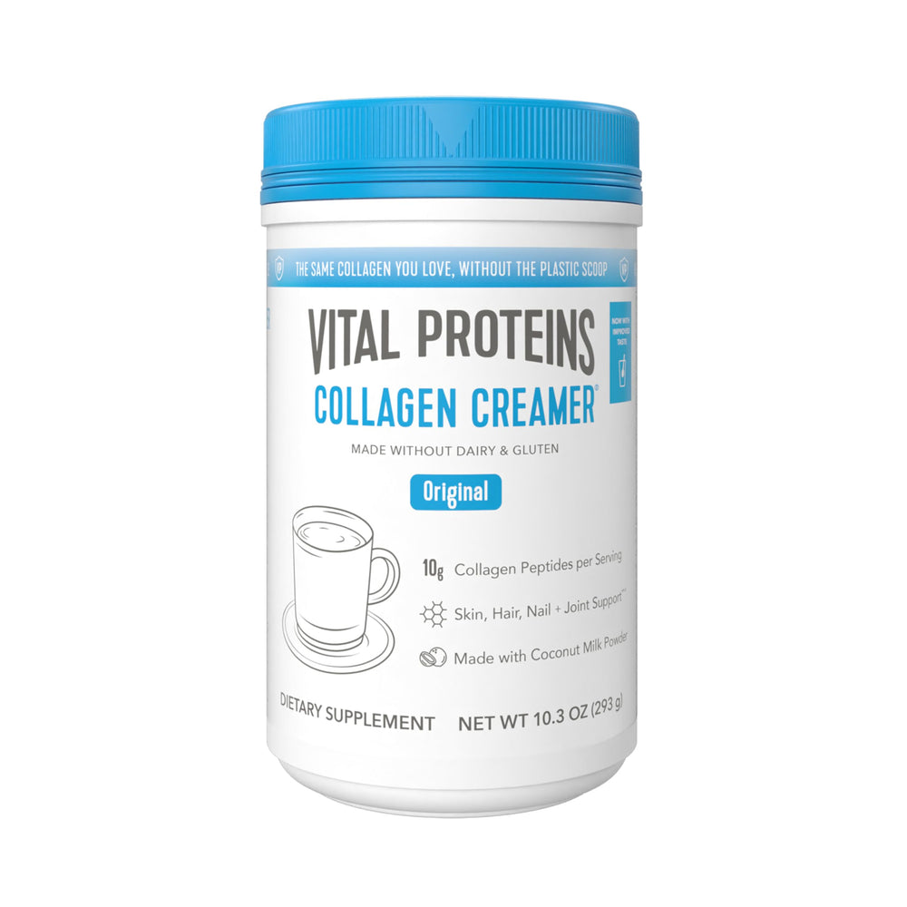 Vital Proteins packaging of collagen peptides powder showcasing dairy free and gluten free creamer