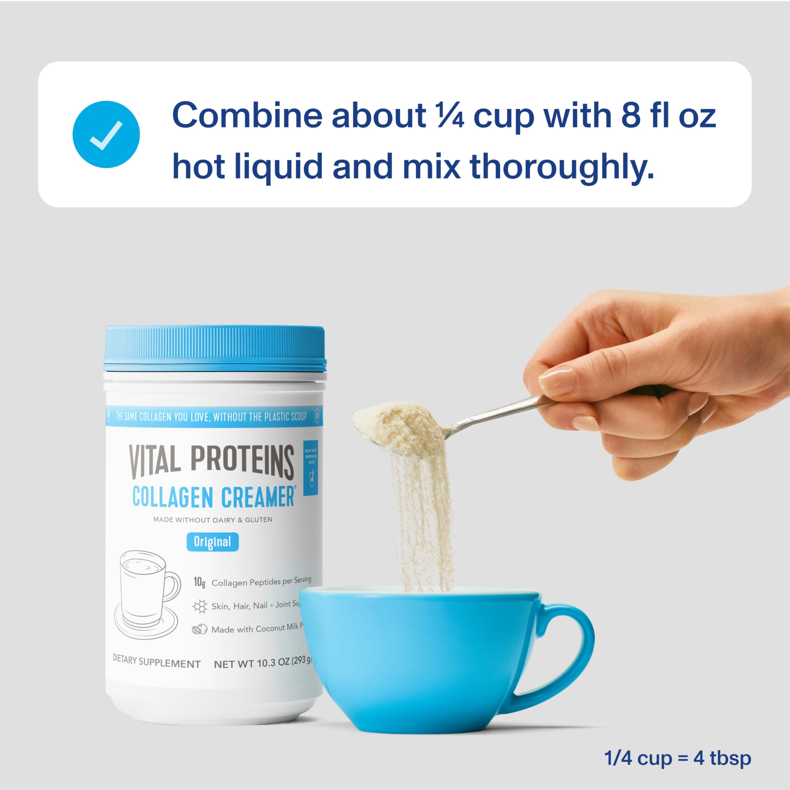 Scoop of collagen peptides measuring the daily serving for hair and skin support