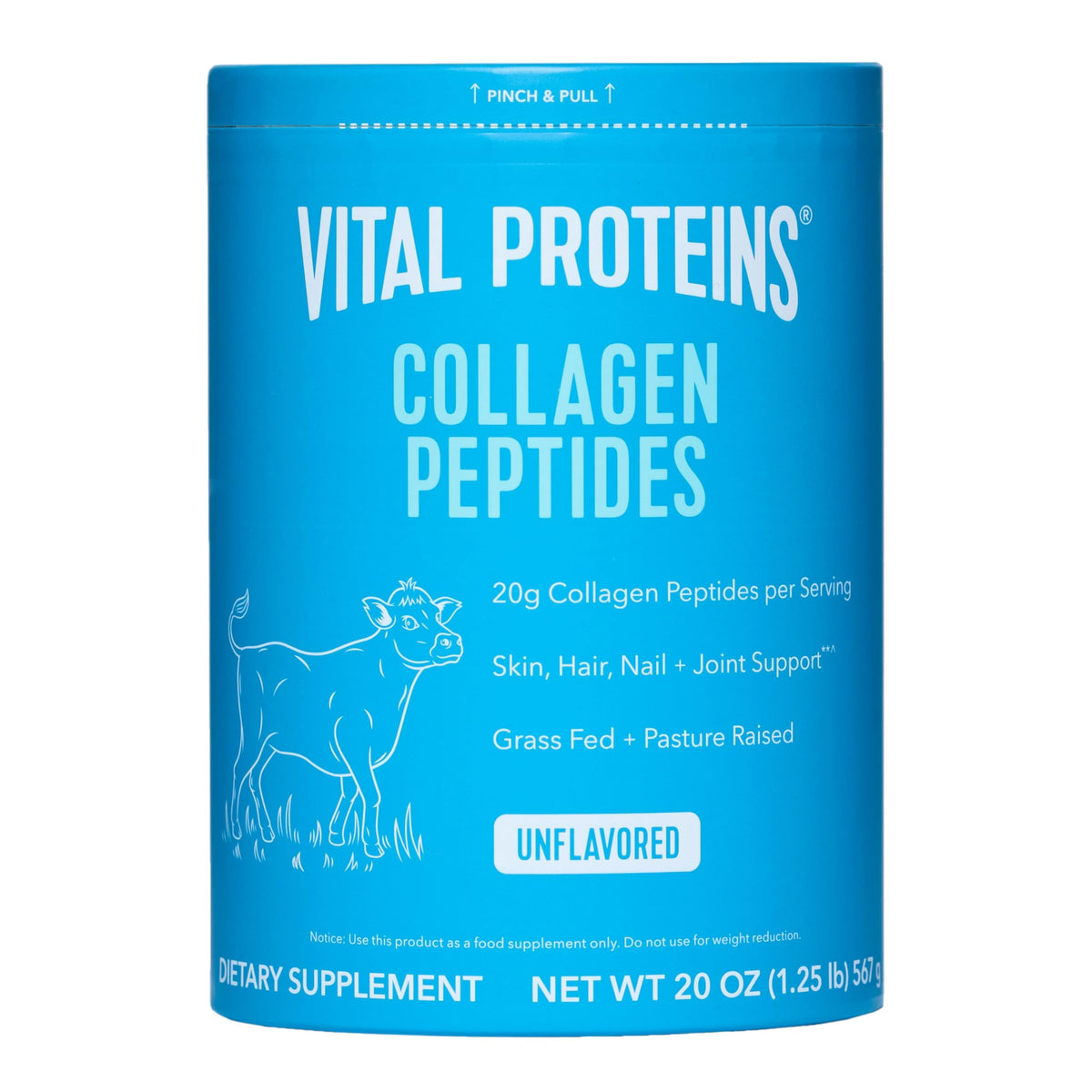 Vital Proteins Collagen Peptides unflavored 20oz canister boosts hair, skin, nails.