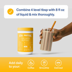 Vital Proteins vanilla collagen powder stirred into a smoothie for creamy texture.