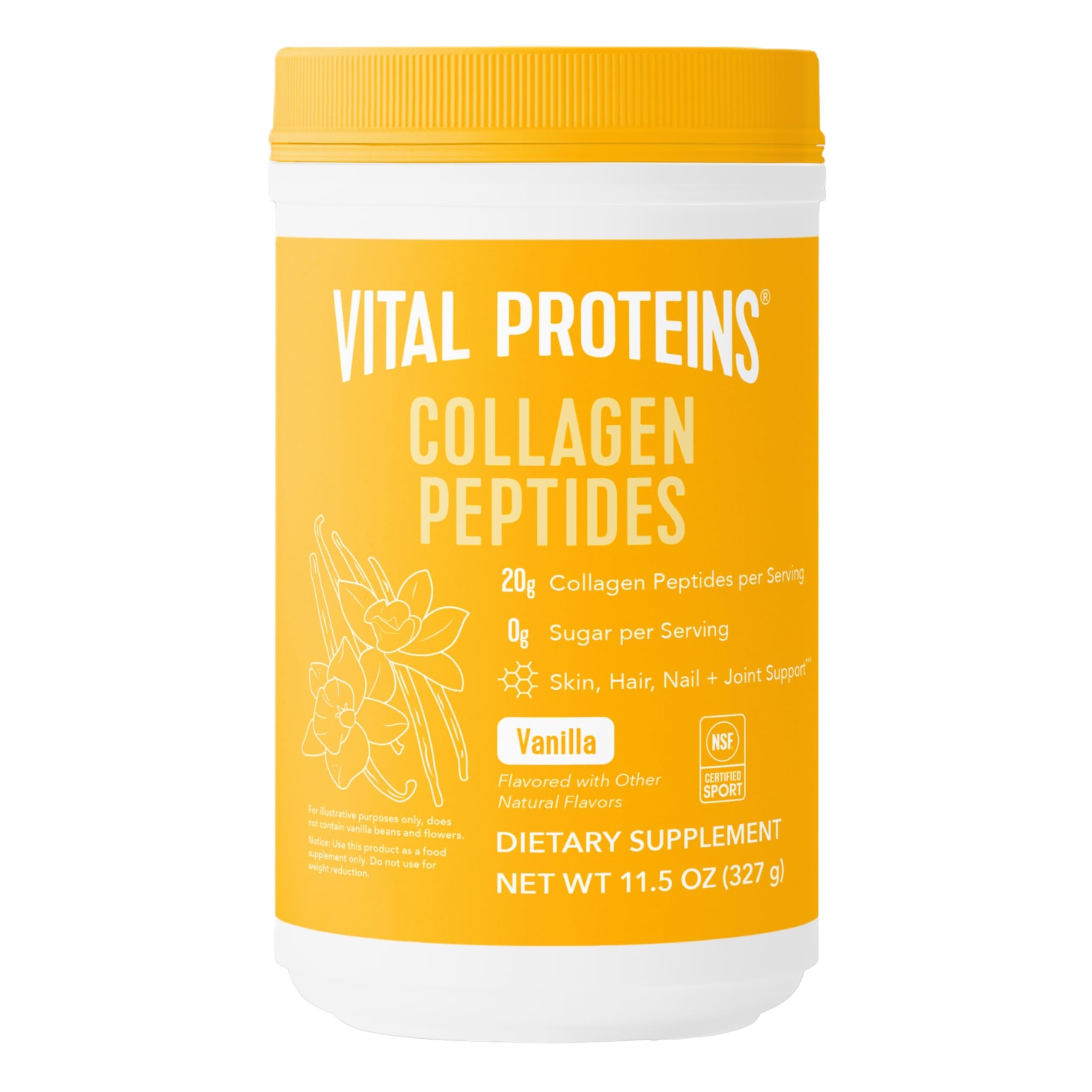 Vital Proteins Collagen Peptides Vanilla bottle on the kitchen counter for daily routine.