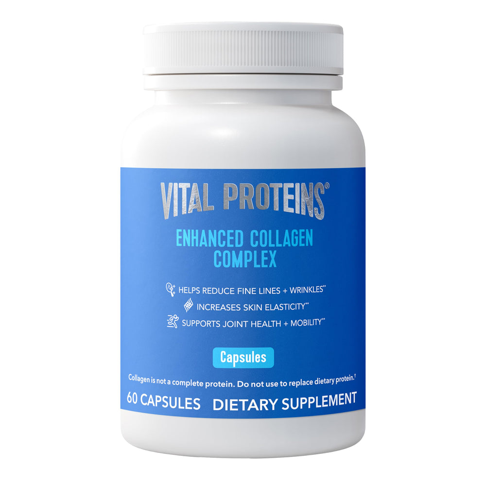 Vital Proteins Enhanced Collagen Complex Capsules bottle highlighting daily skin and joint support.