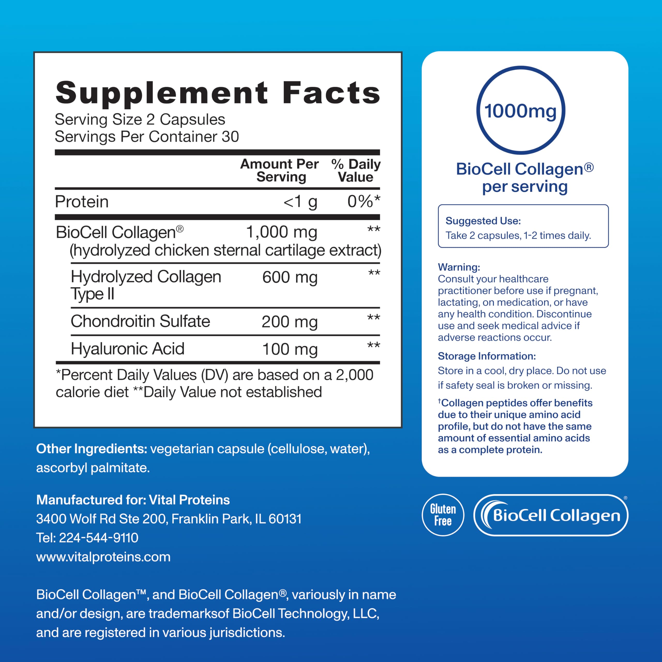 Vital Proteins Enhanced Collagen Capsules label highlighting hyaluronic acid and chondroitin for skin and joints.