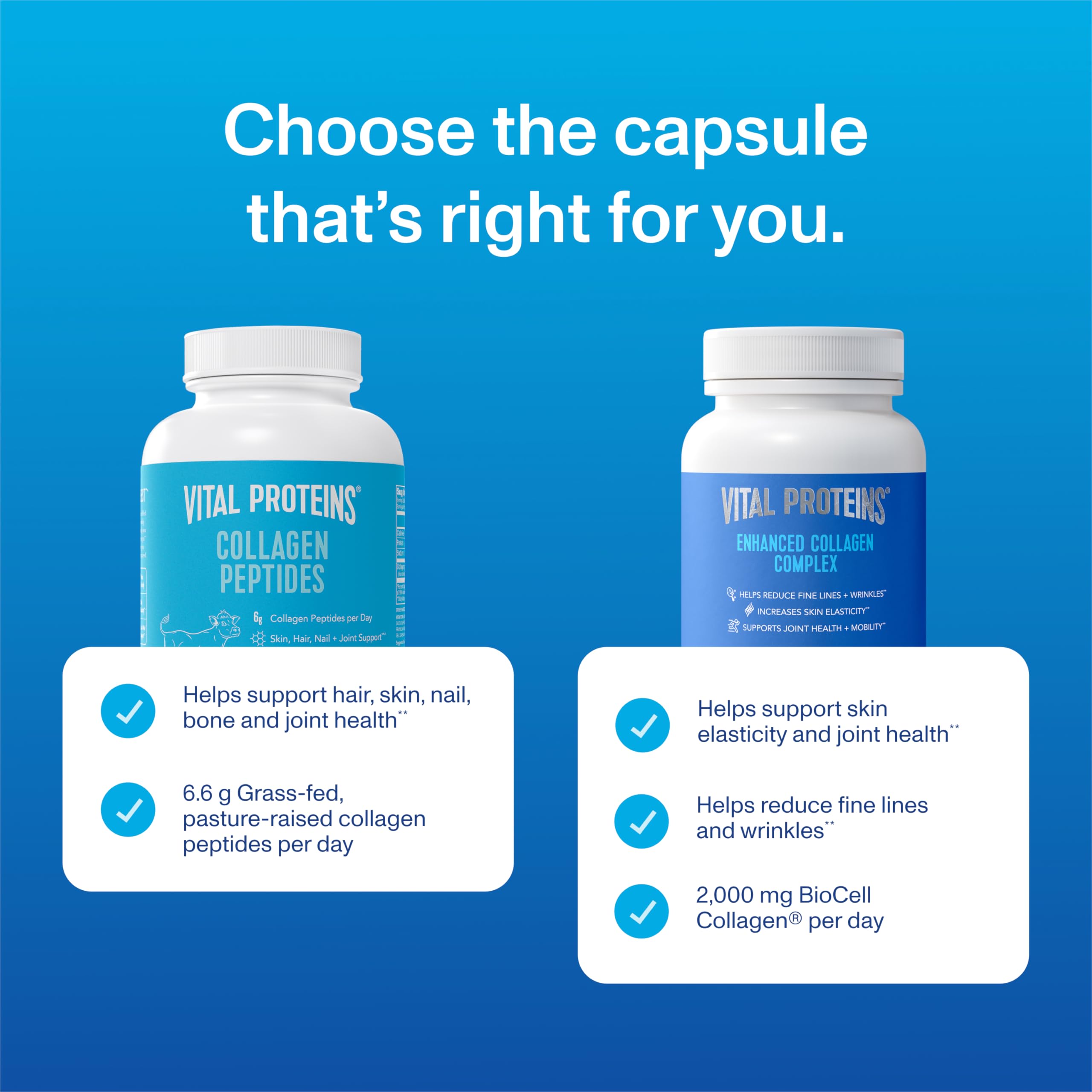 Vital Proteins Enhanced Collagen bottle close-up shows BioCell Collagen emphasis for youthful appearance.