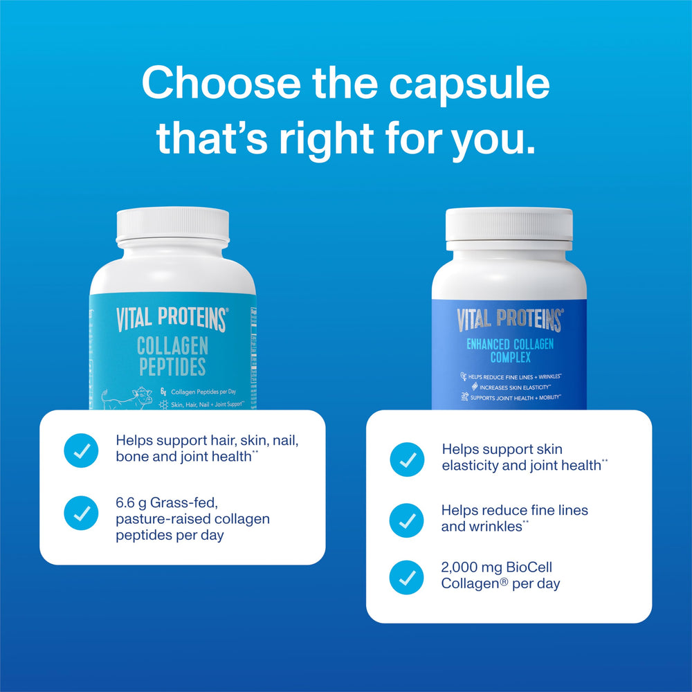Vital Proteins Enhanced Collagen bottle close-up shows BioCell Collagen emphasis for youthful appearance.