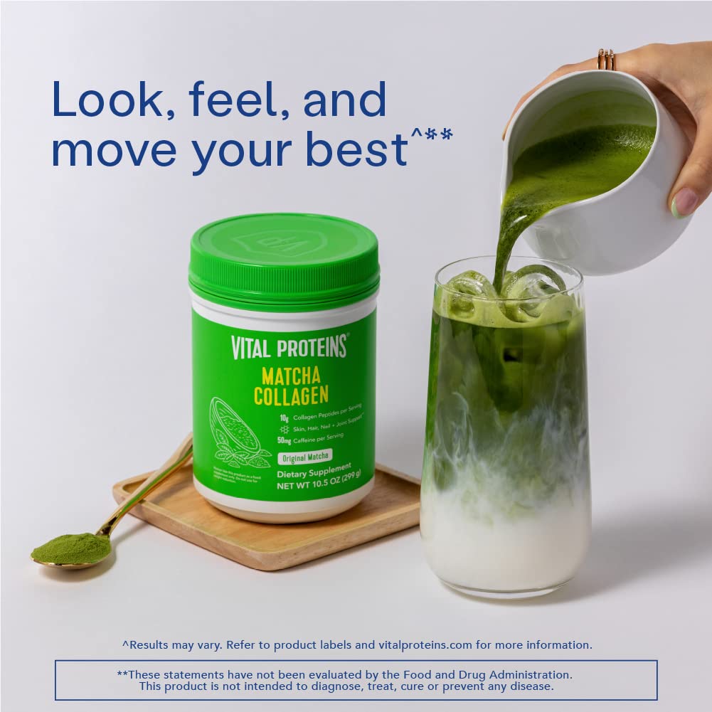 Closeup of Vital Proteins Matcha Collagen Peptides label and ingredients
