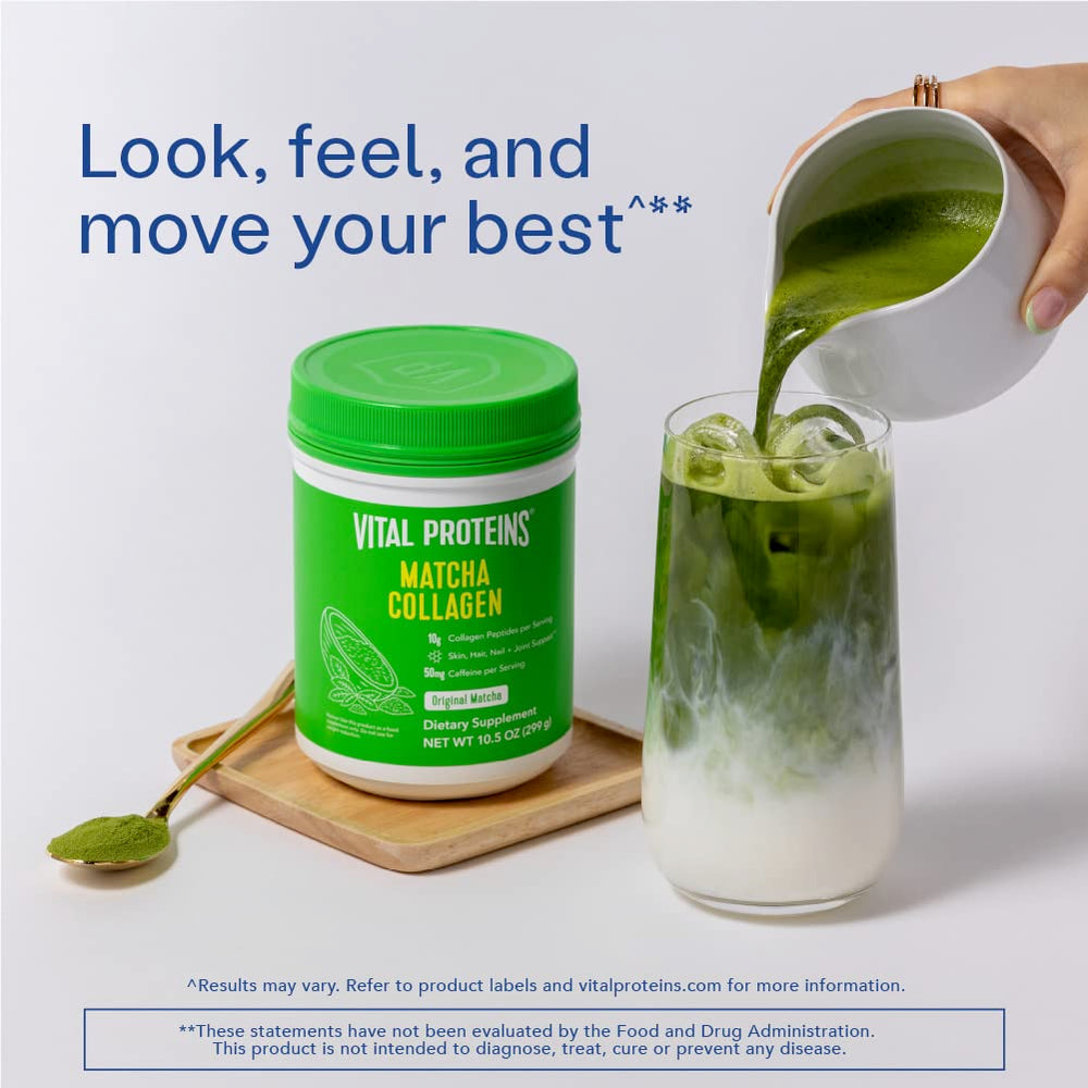 Closeup of Vital Proteins Matcha Collagen Peptides label and ingredients