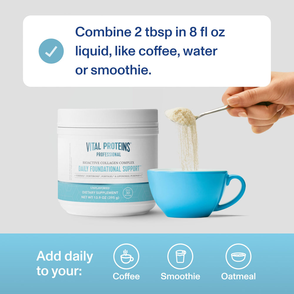 Vital Proteins Professional Daily Foundational Support label closeup highlights gluten-free, paleo-friendly formula.