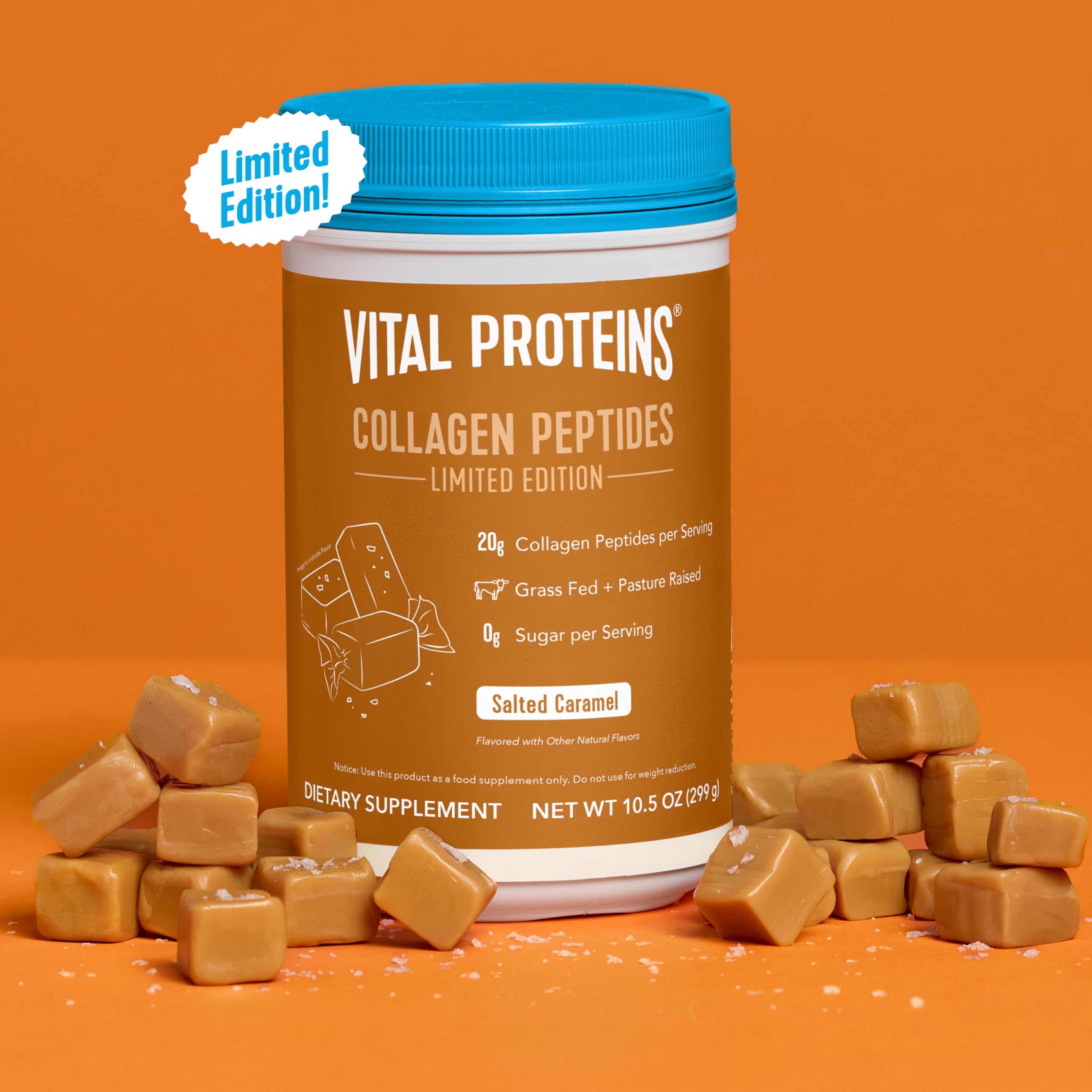 Vital Proteins Salted Caramel Collagen Peptides in a coffee mug ready to blend into morning routine