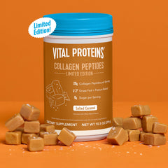 Vital Proteins Salted Caramel Collagen Peptides in a coffee mug ready to blend into morning routine