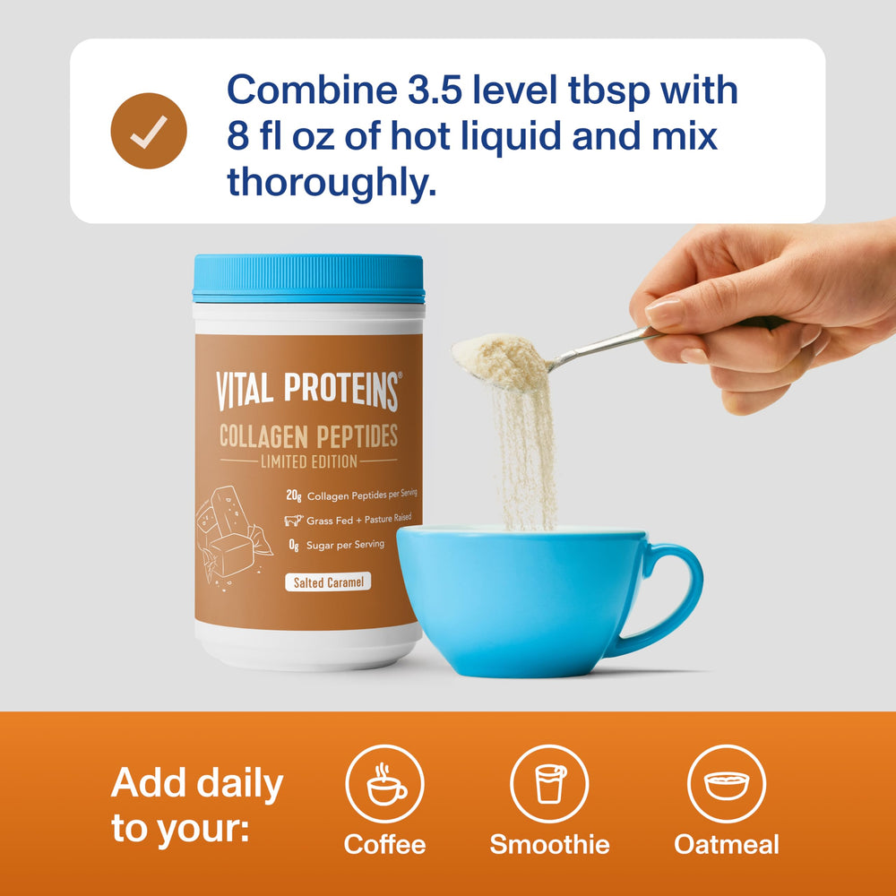 Vital Proteins Salted Caramel Collagen Peptides label highlights ingredients and benefits