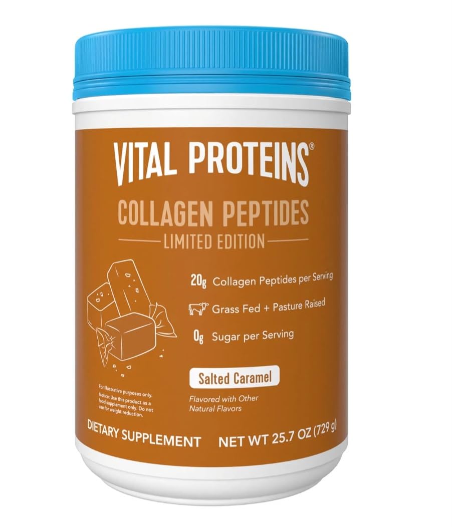 Vital Proteins Salted Caramel packaging promotes a daily collagen routine for joints.