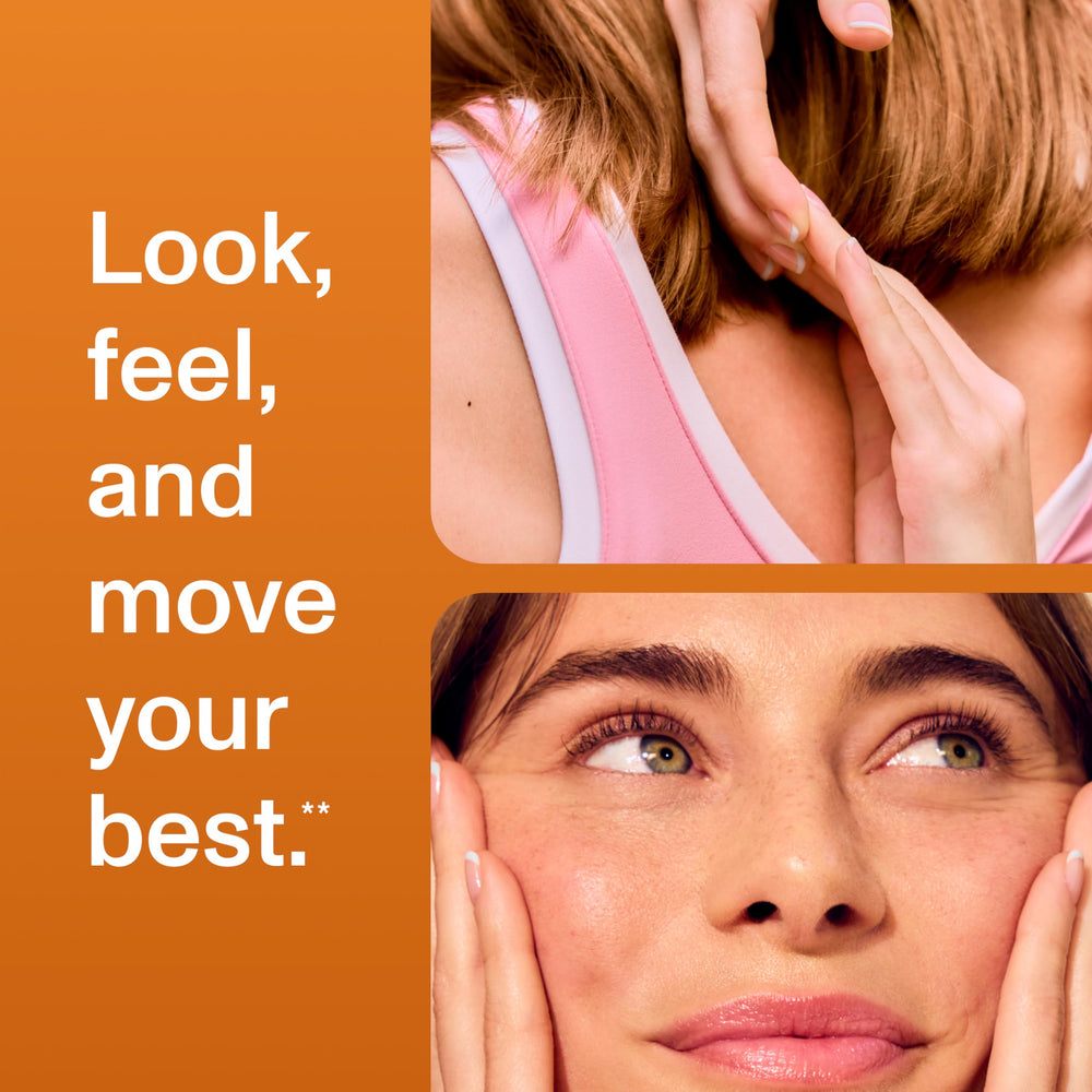 Vital Proteins Salted Caramel Collagen Peptides bag on the counter near supplements