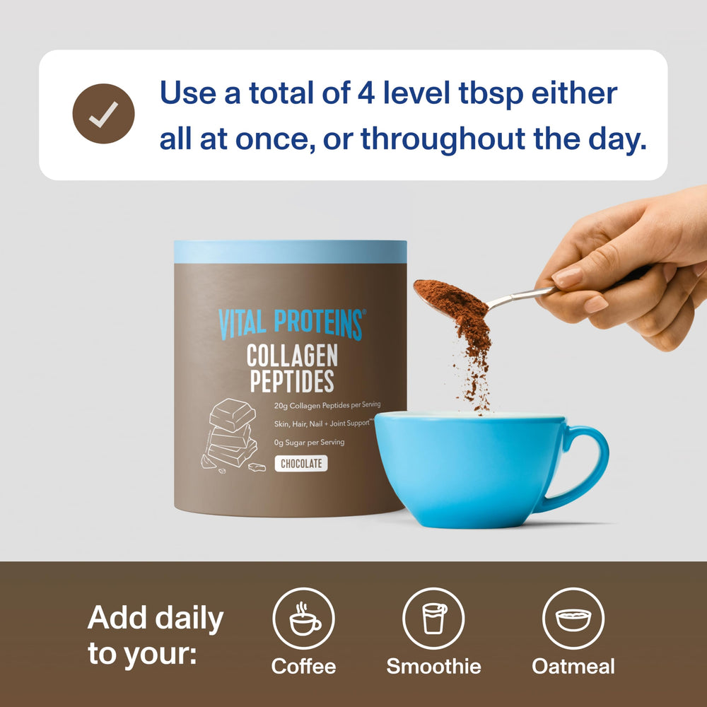 Vital Proteins dairy-free chocolate collagen powder in a mug.
