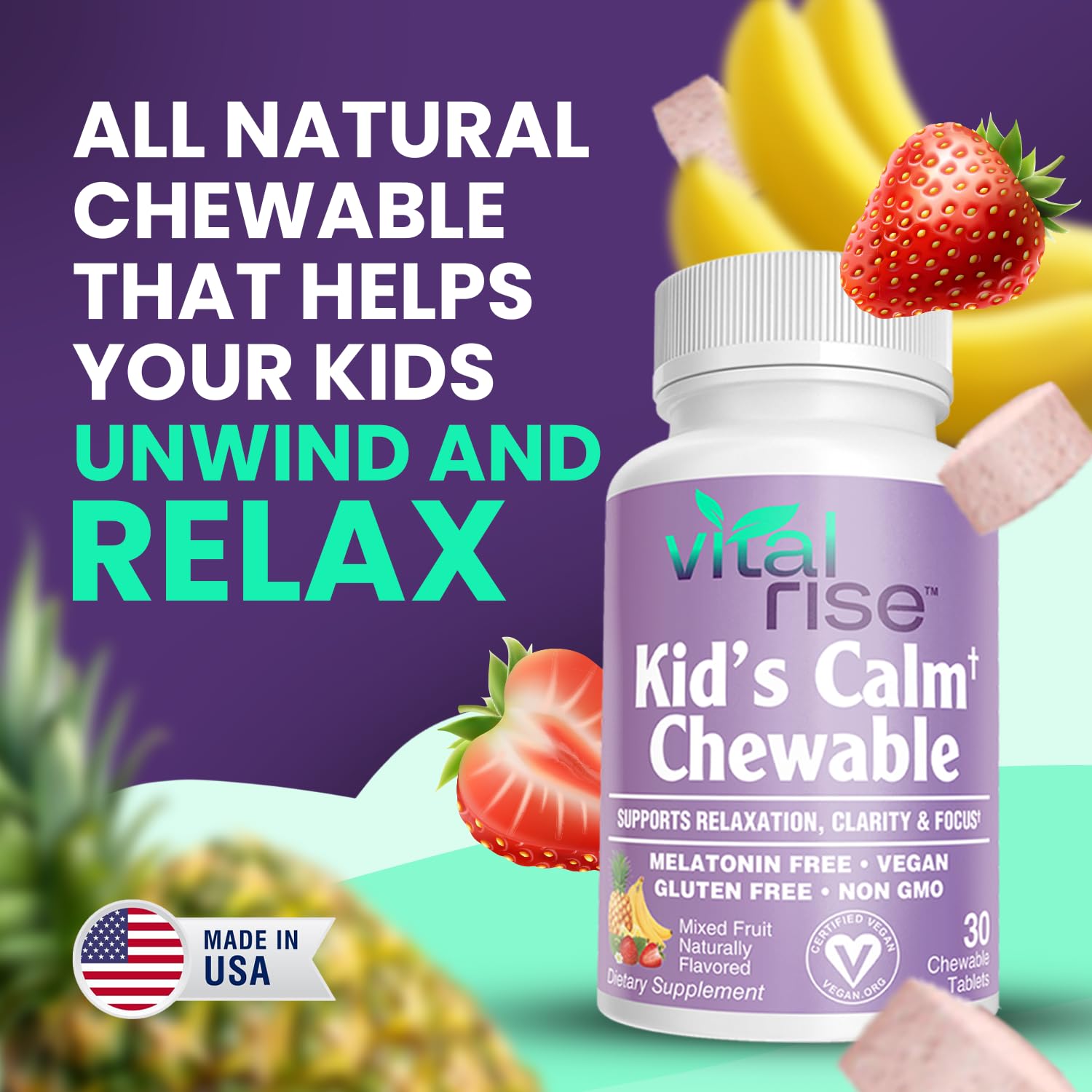Vital Rise Kids snack-time moment with chewables on a tray.