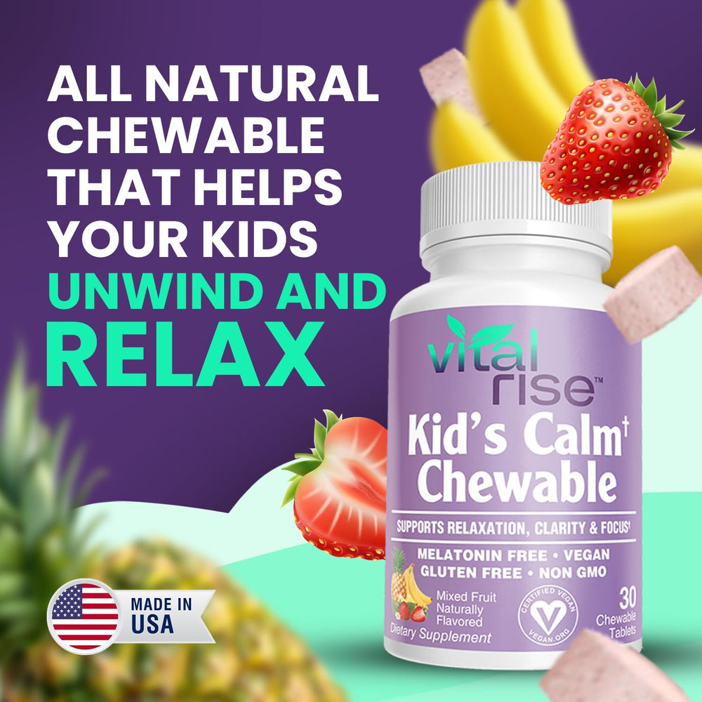 Vital Rise Kids snack-time moment with chewables on a tray.