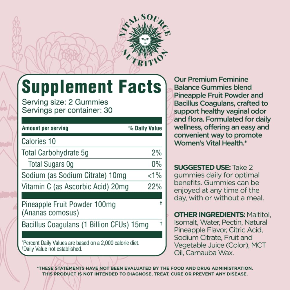 Vital Source Nutrition feminine balance gummies pack displayed beside glass for an easy daily ritual.