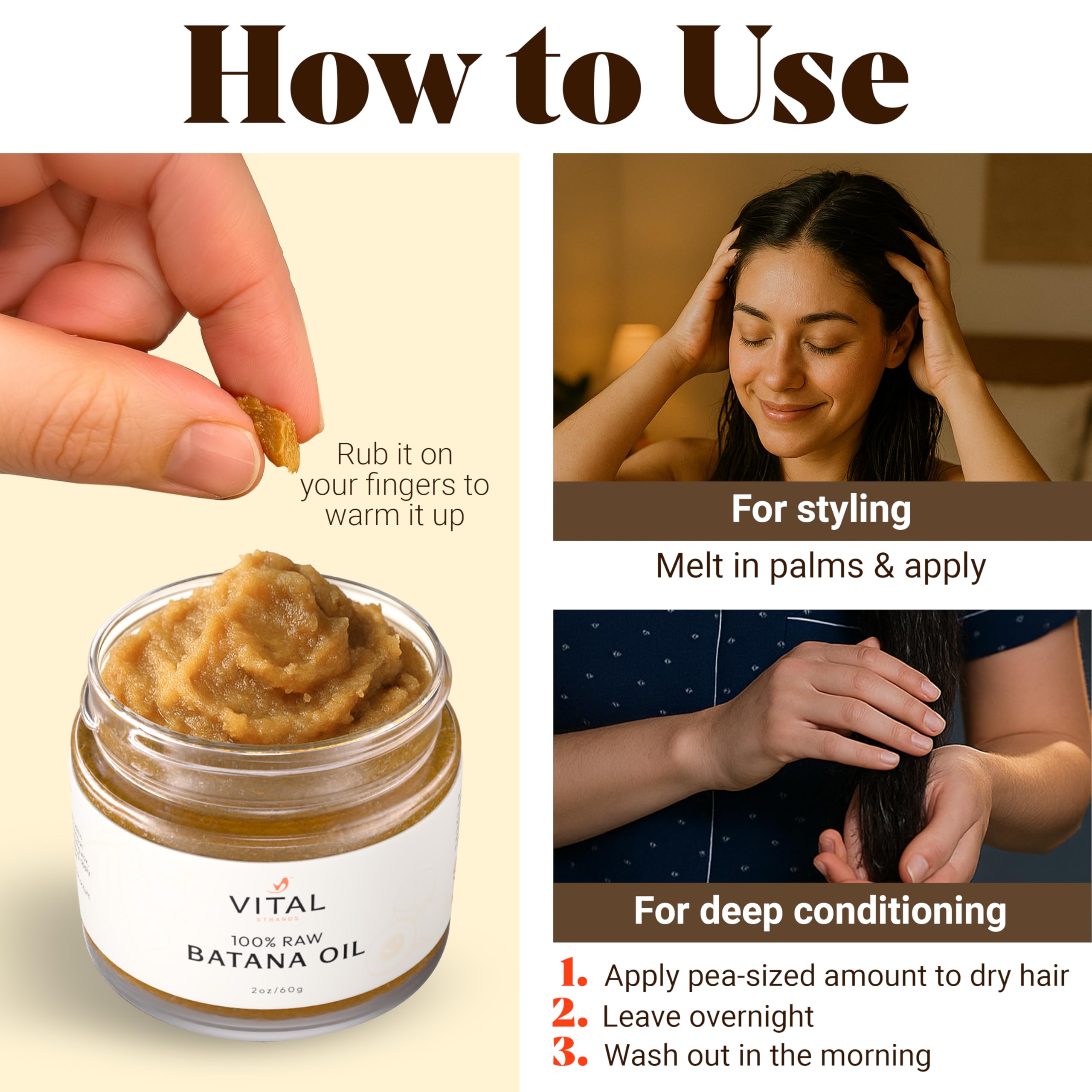 Vital Strands Batana oil packaging in glass jar aligns with vegan, cruelty-free values.