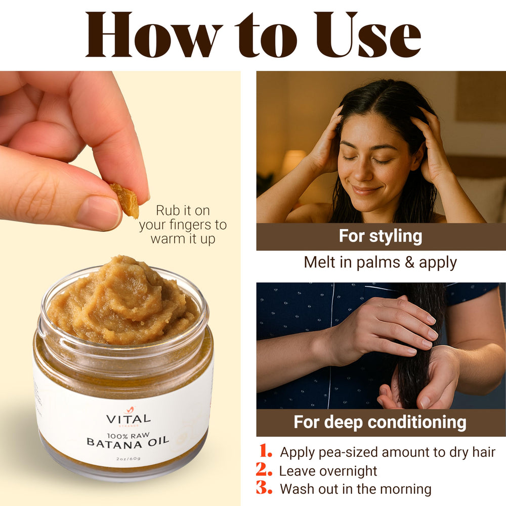 Vital Strands Batana oil packaging in glass jar aligns with vegan, cruelty-free values.