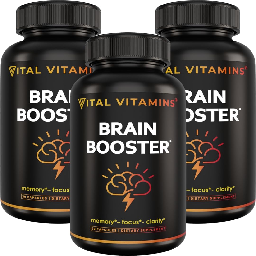 Vital Vitamins Brain Booster bottle front shows caffeine-free focus support for adults.