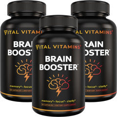 Vital Vitamins Brain Booster bottle front shows caffeine-free focus support for adults.
