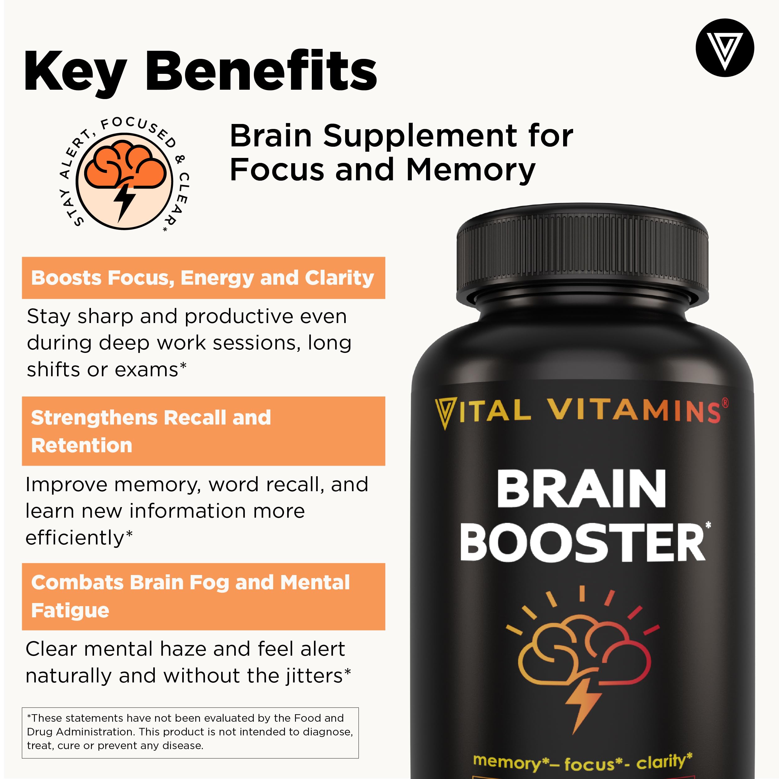 Vital Vitamins brain booster ginkgo-biloba-bacopa-rhodiola blend highlights herbal support.