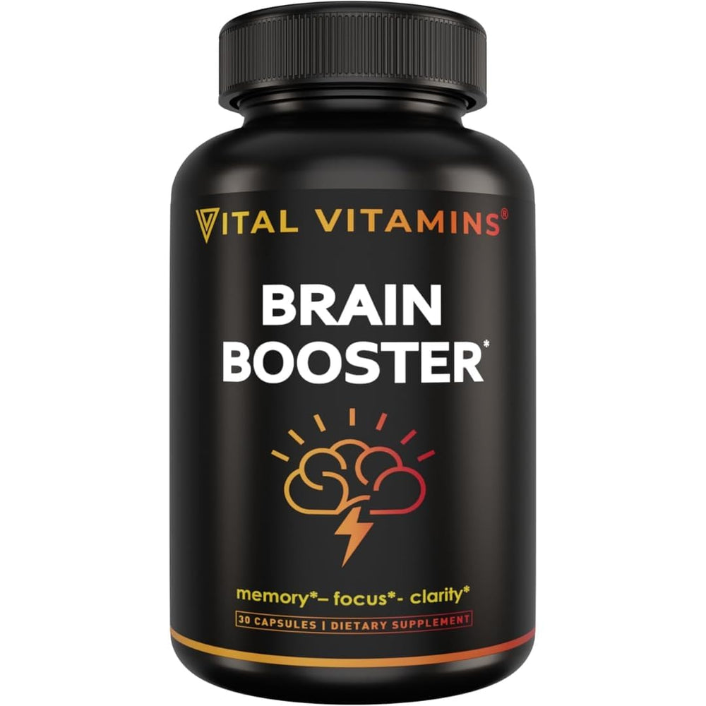 Vital Vitamins Brain Booster bottle pour showing caffeine-free focus support