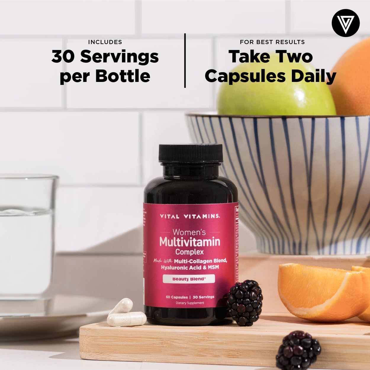Vital Vitamins daily-use routine capsules arranged for easy incorporation