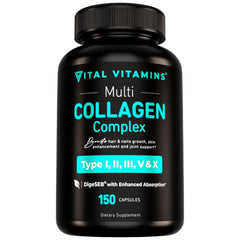 Vital Vitamins Multi Collagen bottle close-up for daily skin and joint support.