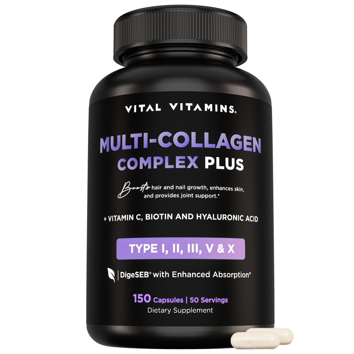Vital Vitamins Multi Collagen bottle with capsules for daily beauty support.