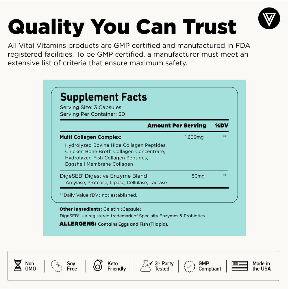 Vital Vitamins Multi Collagen close-up on ingredients showing five collagen types.