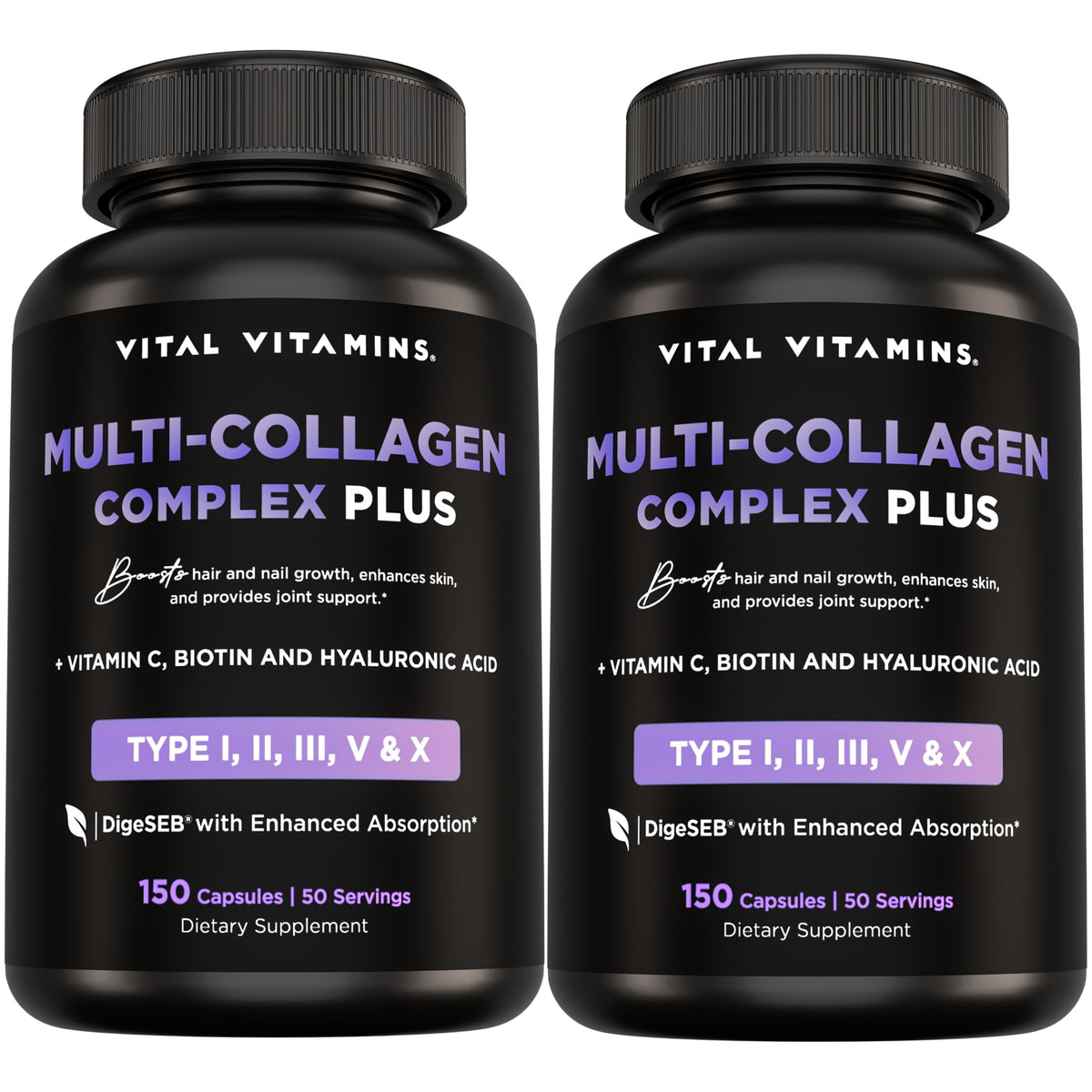 Vital Vitamins Multi Collagen Plus bottle front view, highlighting daily beauty support for skin and hair