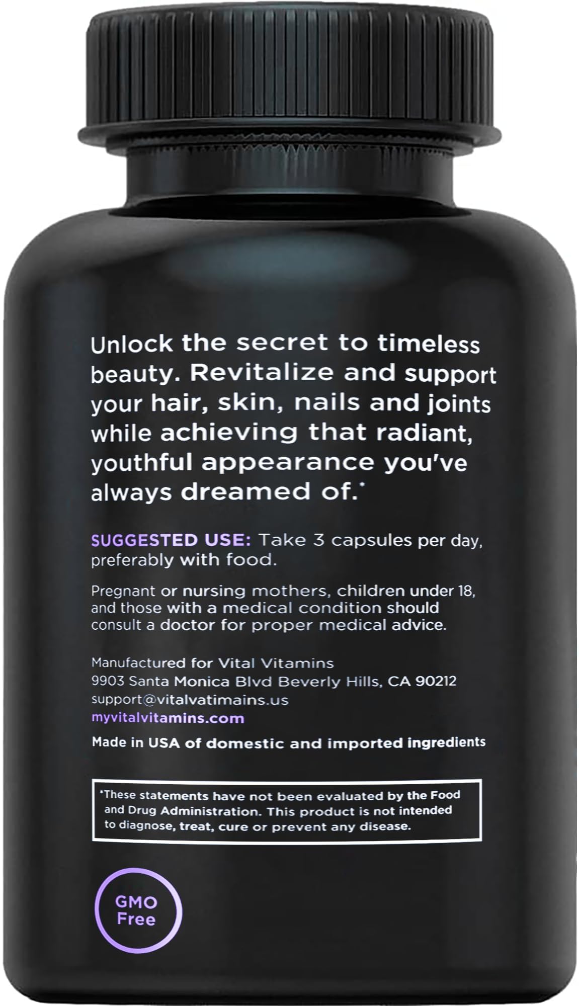 Vital Vitamins packaging front view highlighting premium collagen blend and safety seals.