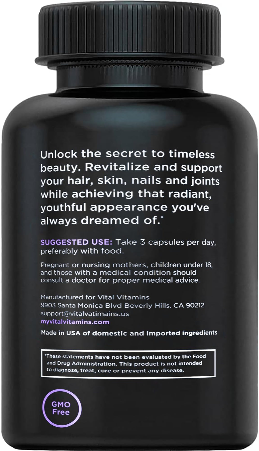 Vital Vitamins packaging front view highlighting premium collagen blend and safety seals.