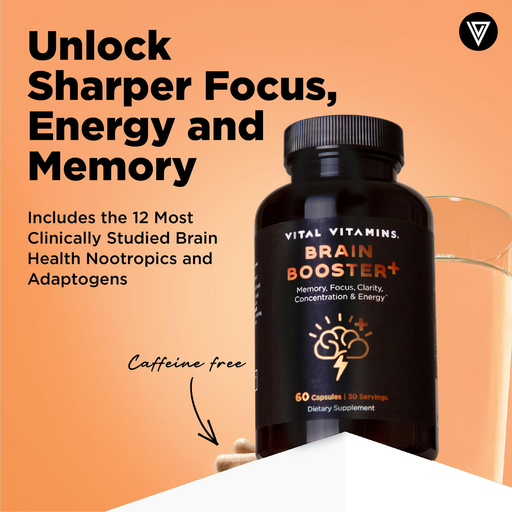 Vital Vitamins capsules closeup showing daily focus and mental clarity potential