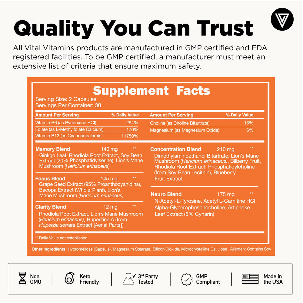 Vital Vitamins daily-use bottle indicating routine brain nourishment