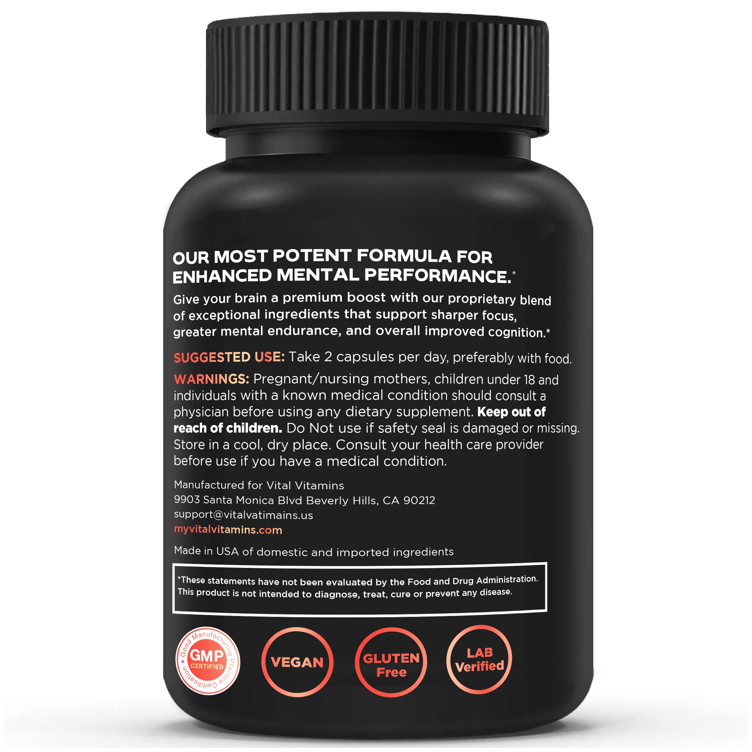 Vital Vitamins packaging and label showing ingredients and dosage information