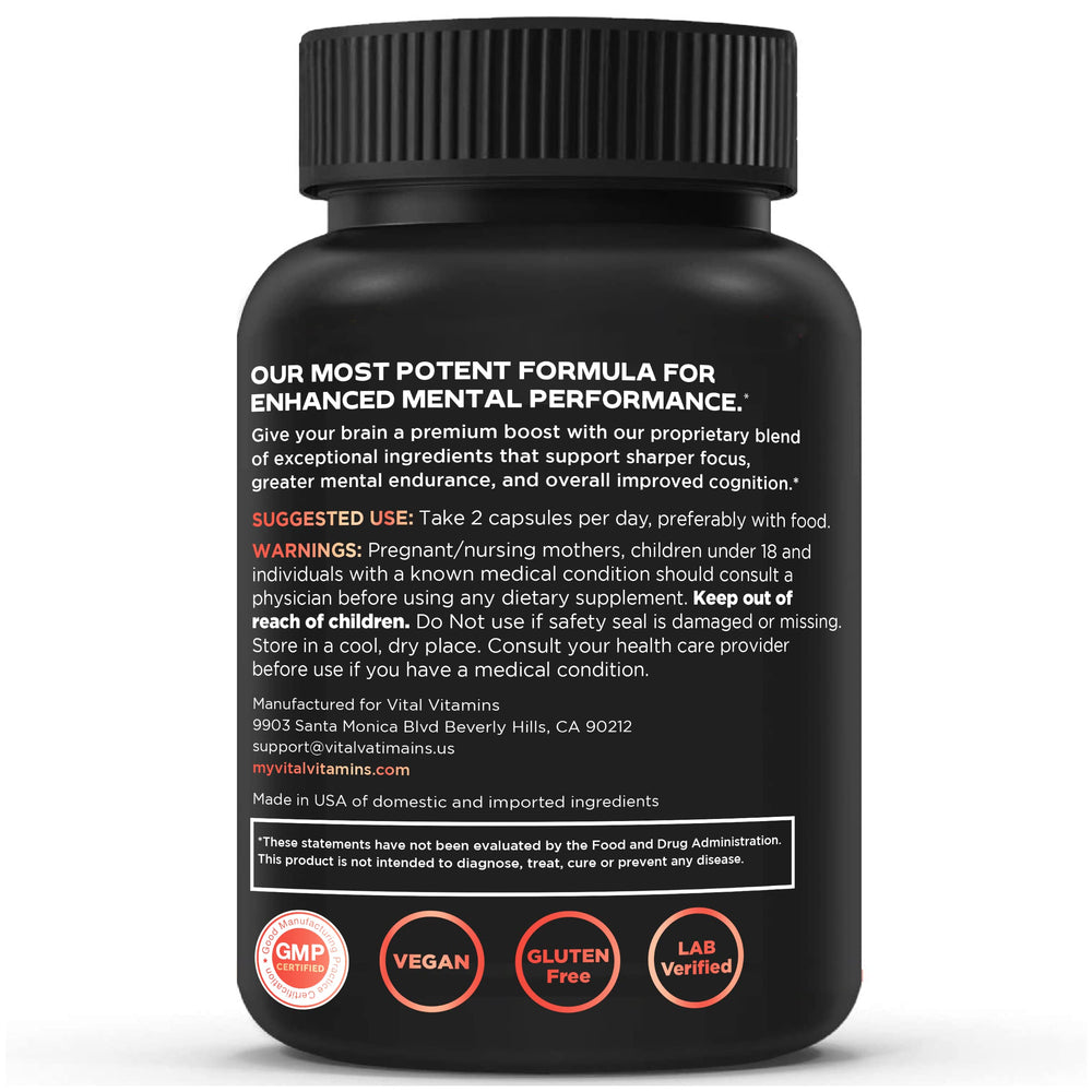 Vital Vitamins packaging and label showing ingredients and dosage information