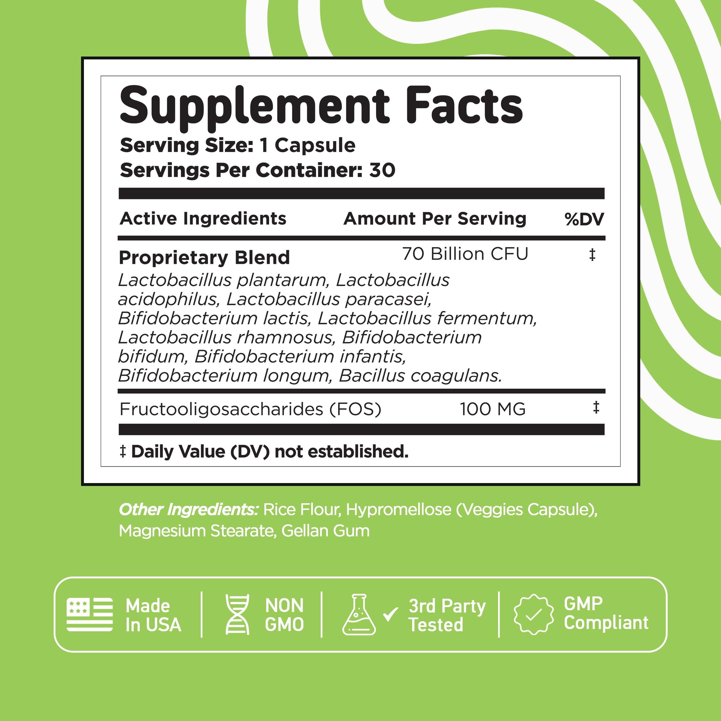 Vital Vitamins Probiotic with FOS icon emphasizes prebiotic support