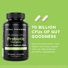 Vital Vitamins Probiotic bottle back shows ingredients and FOS prebiotic support