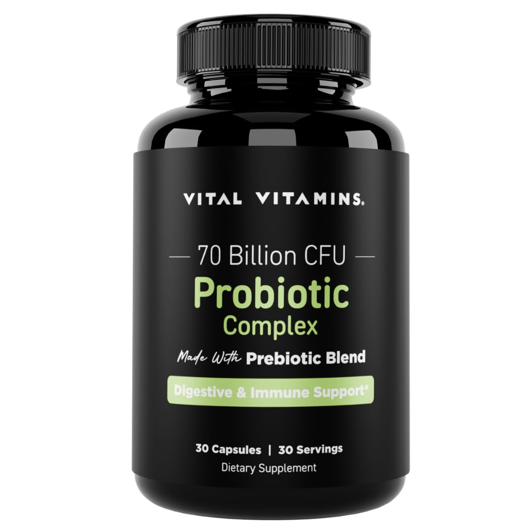 Vital Vitamins Probiotic bottle front shows 70B CFU and 10 strains for gut balance
