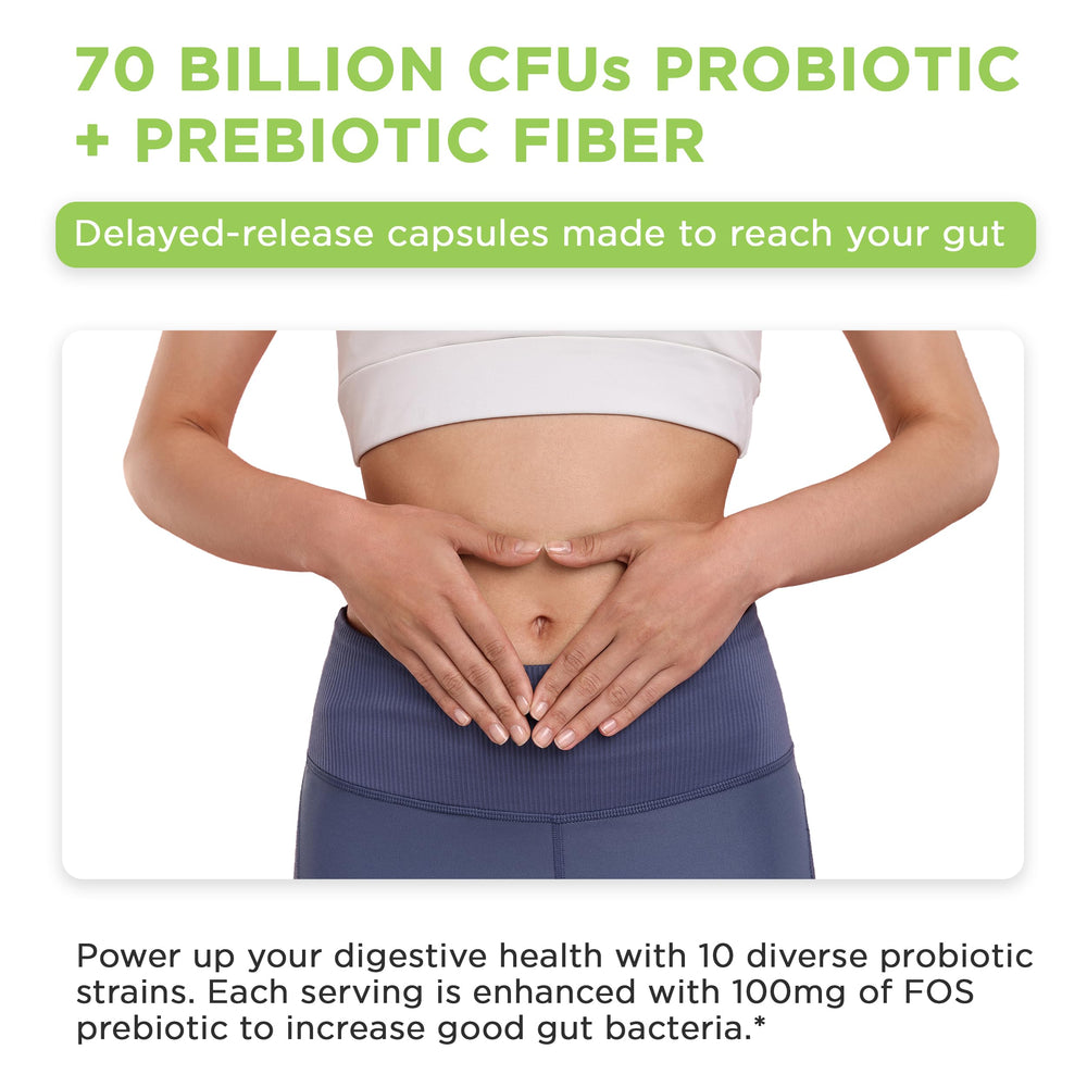 Vital Vitamins Probiotic bottle with water illustrates daily use on the go