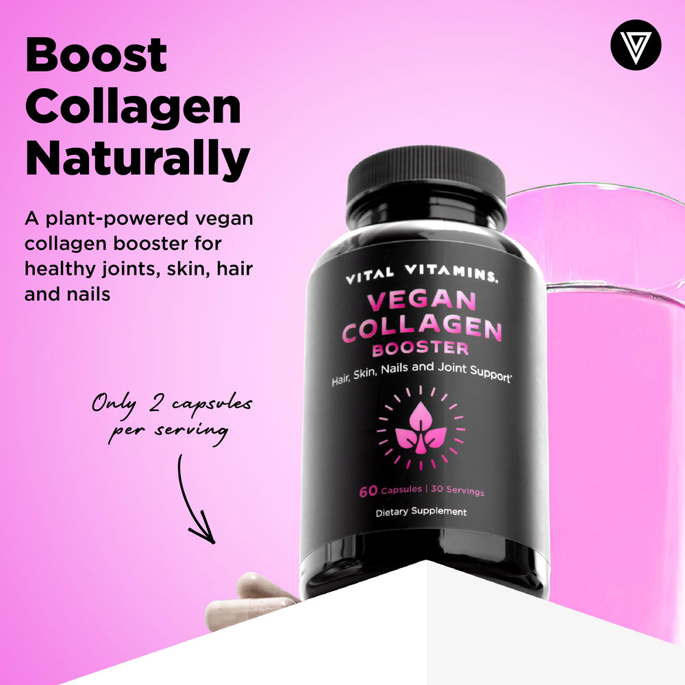Vital Vitamins Vegan Collagen Booster capsules closeup for vegan-friendly beauty support
