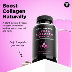 Vital Vitamins Vegan Collagen Booster capsules closeup for vegan-friendly beauty support