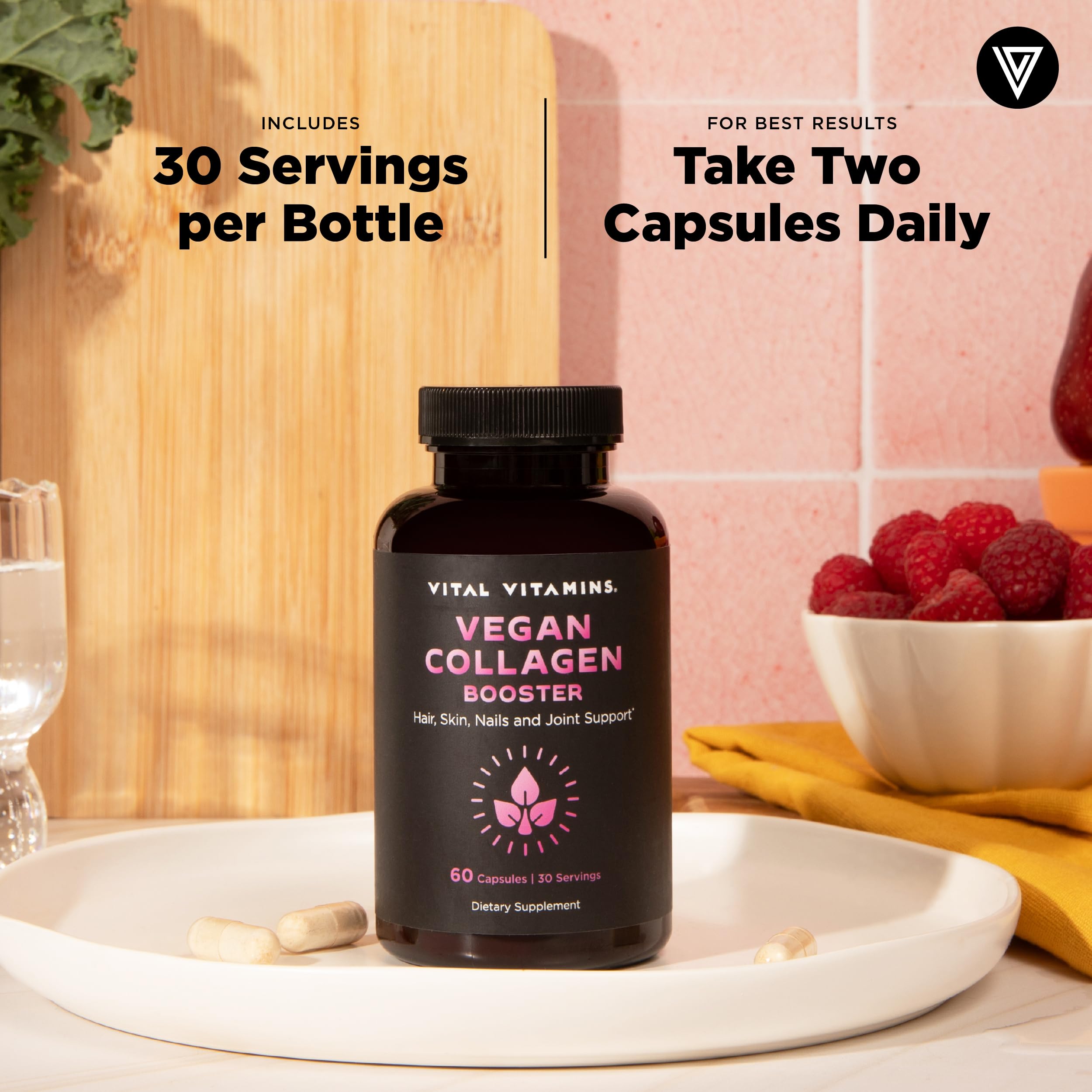 Vital Vitamins Vegan Collagen Booster vegan-friendly badge communicates plant-based care