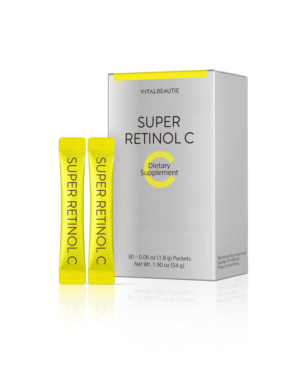 VITALBEAUTIE Super RetinolC powder box showing ready-to-use skincare support for radiance and even tone.