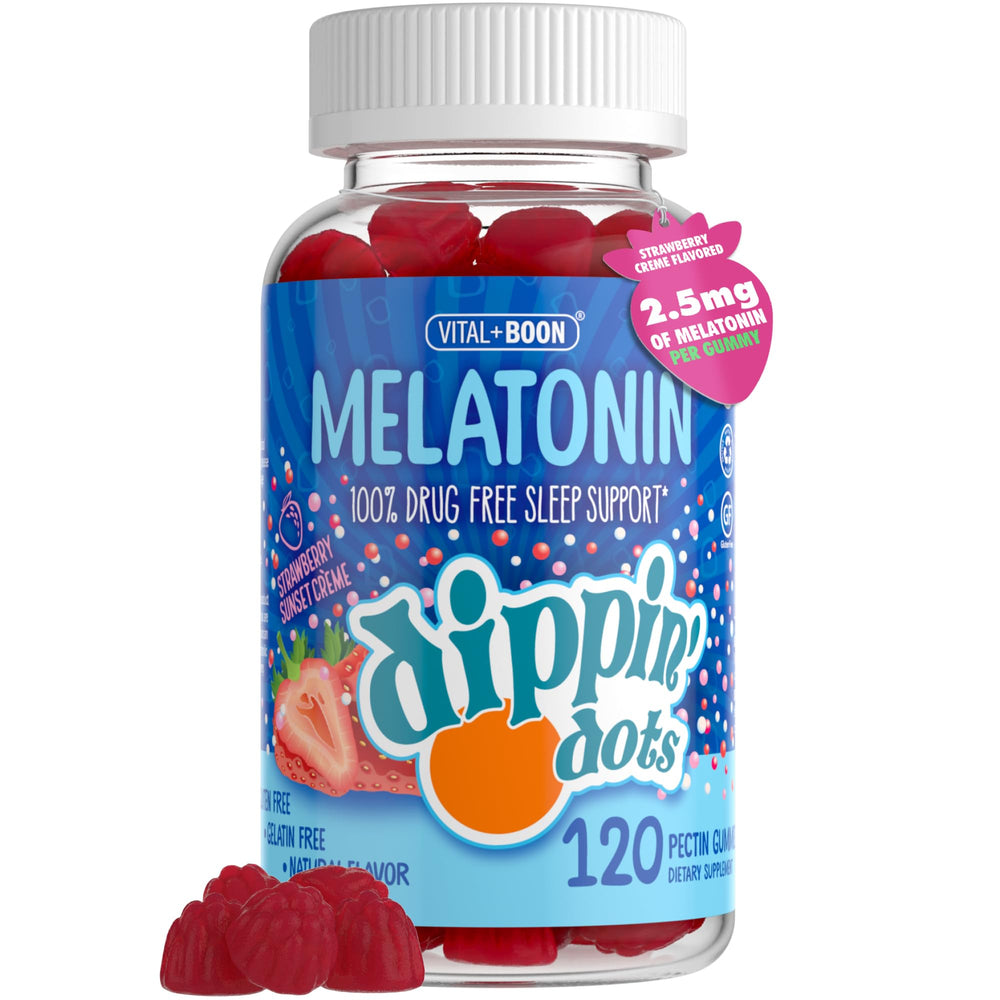 Vital+Boon Dippin Dots bottle front shows kid-friendly sleep support with strawberry creme flavor.